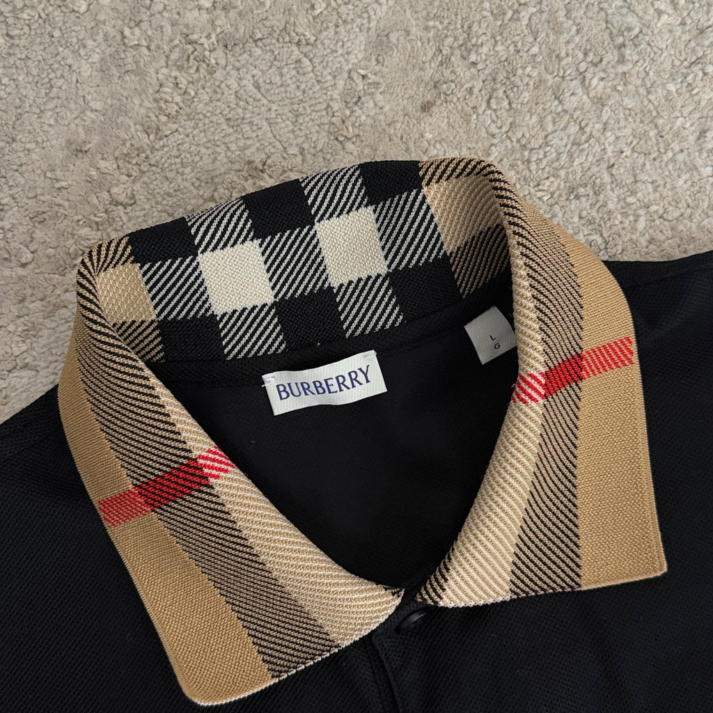 Burberry Check Collar Polo Shirt Black - Large 20.5’’