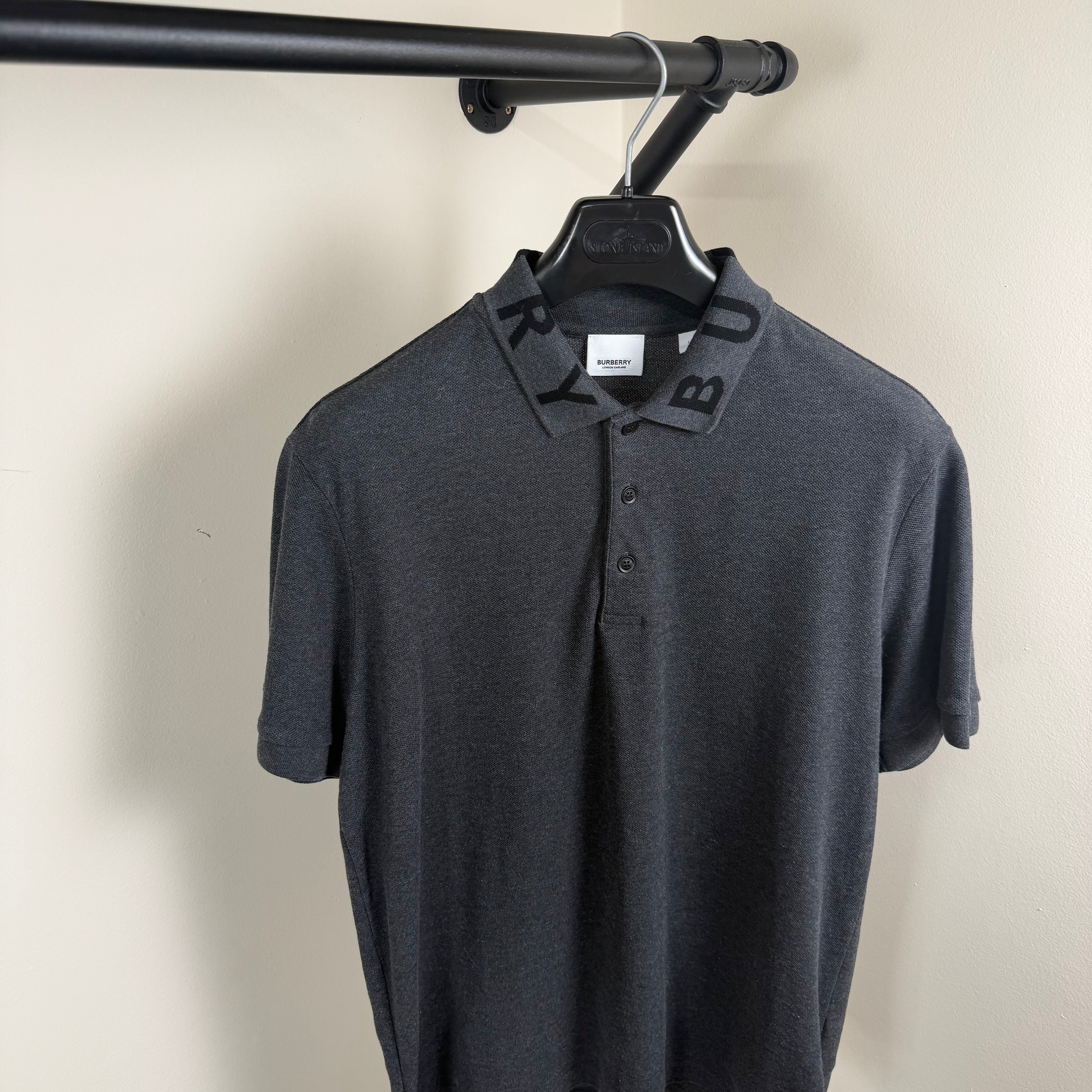 Burberry Spellout Dark Grey Polo Shirt - Large 21.5’’