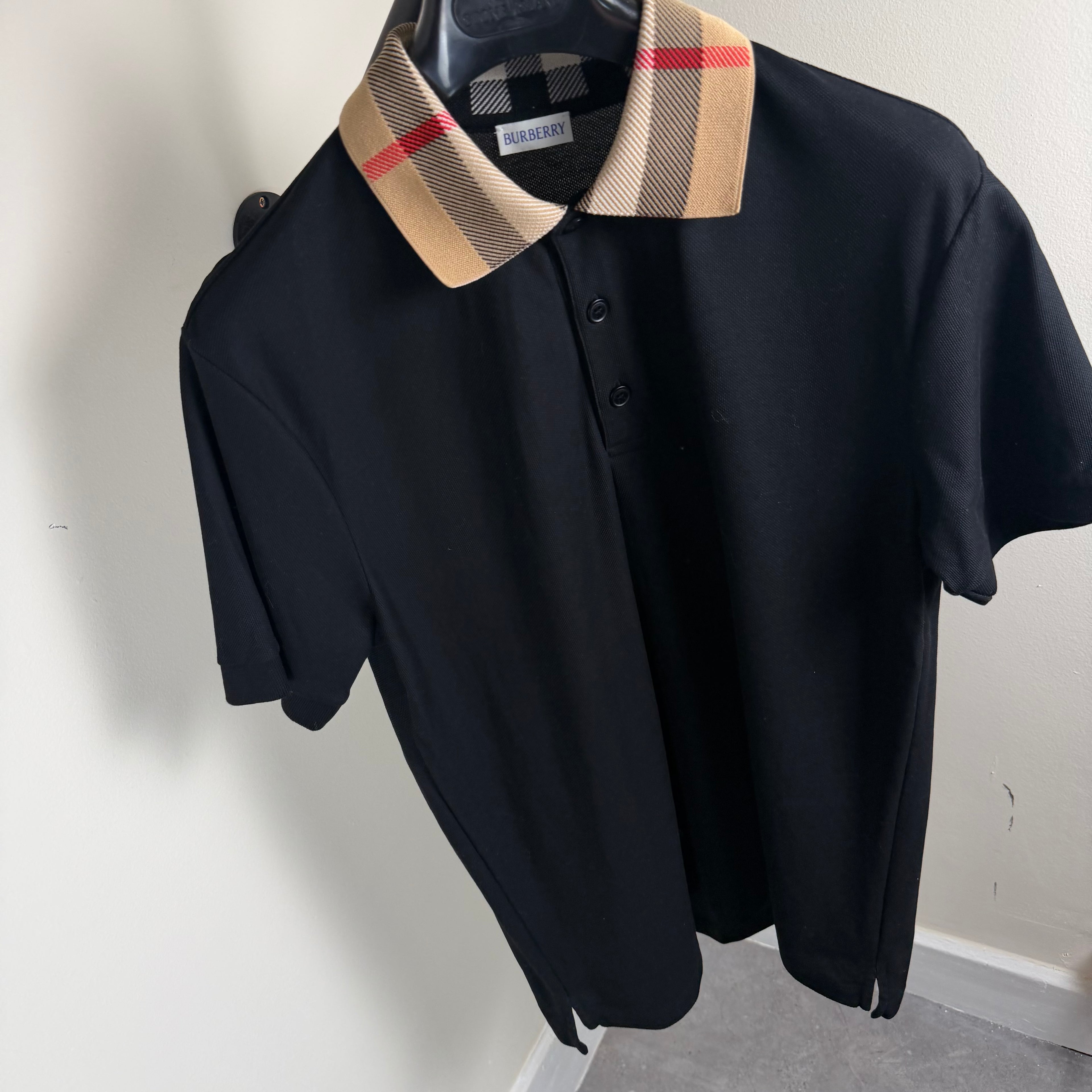 Burberry Check Collar Polo Shirt Black - Large 20.5’’