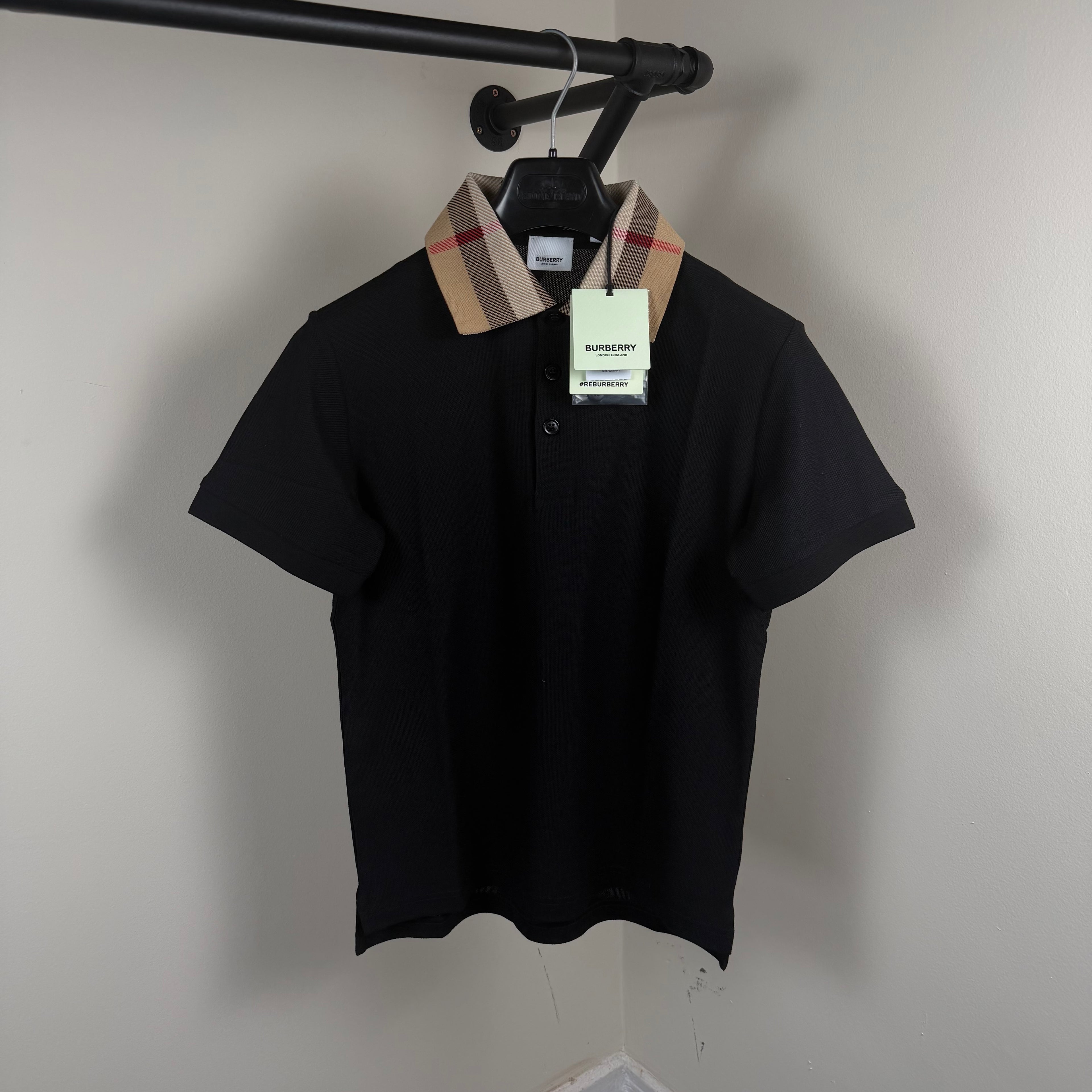 Burberry Check Collar Polo Shirt Black - Small 18’’