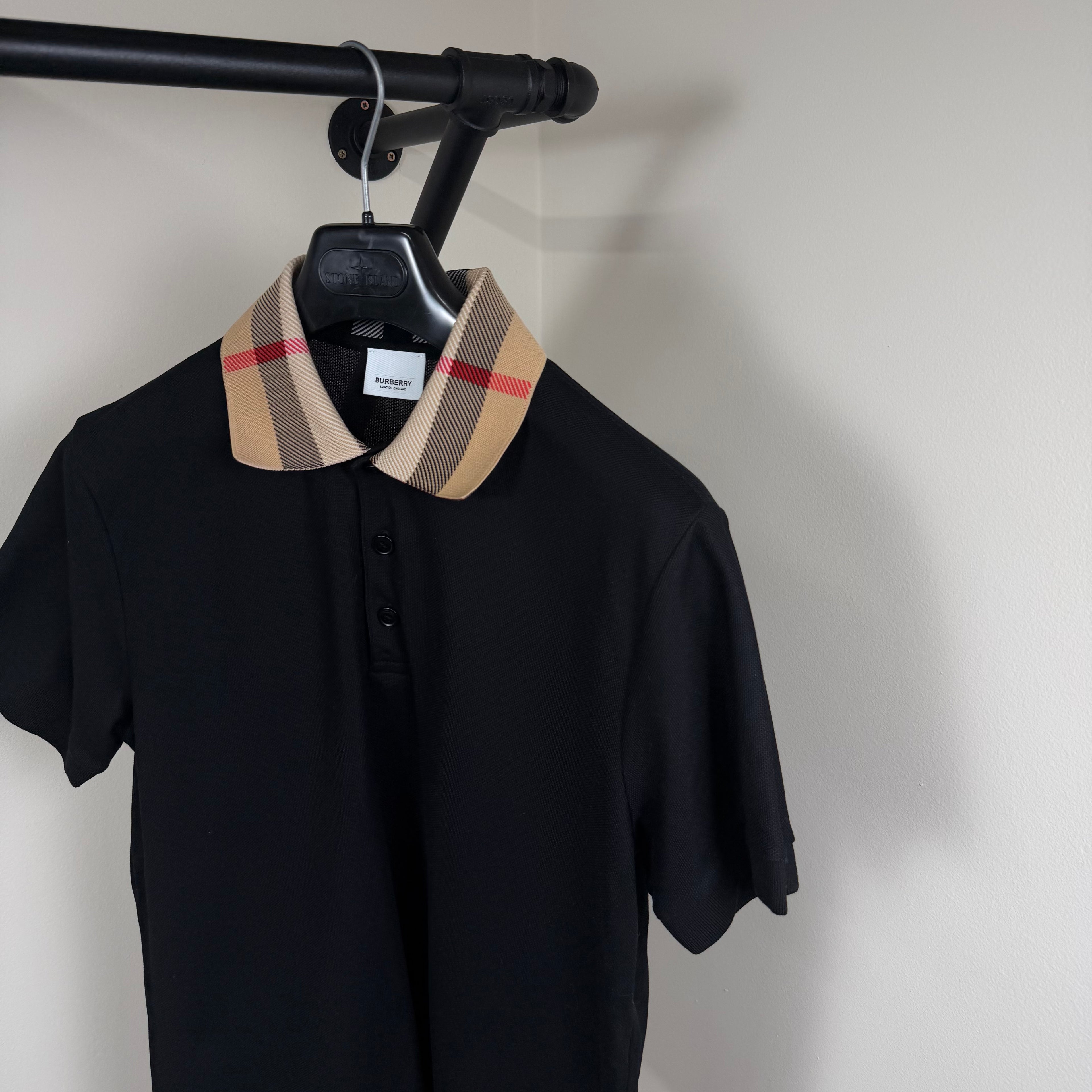 Burberry Black Check Collar Polo Shirt - Medium 19’’
