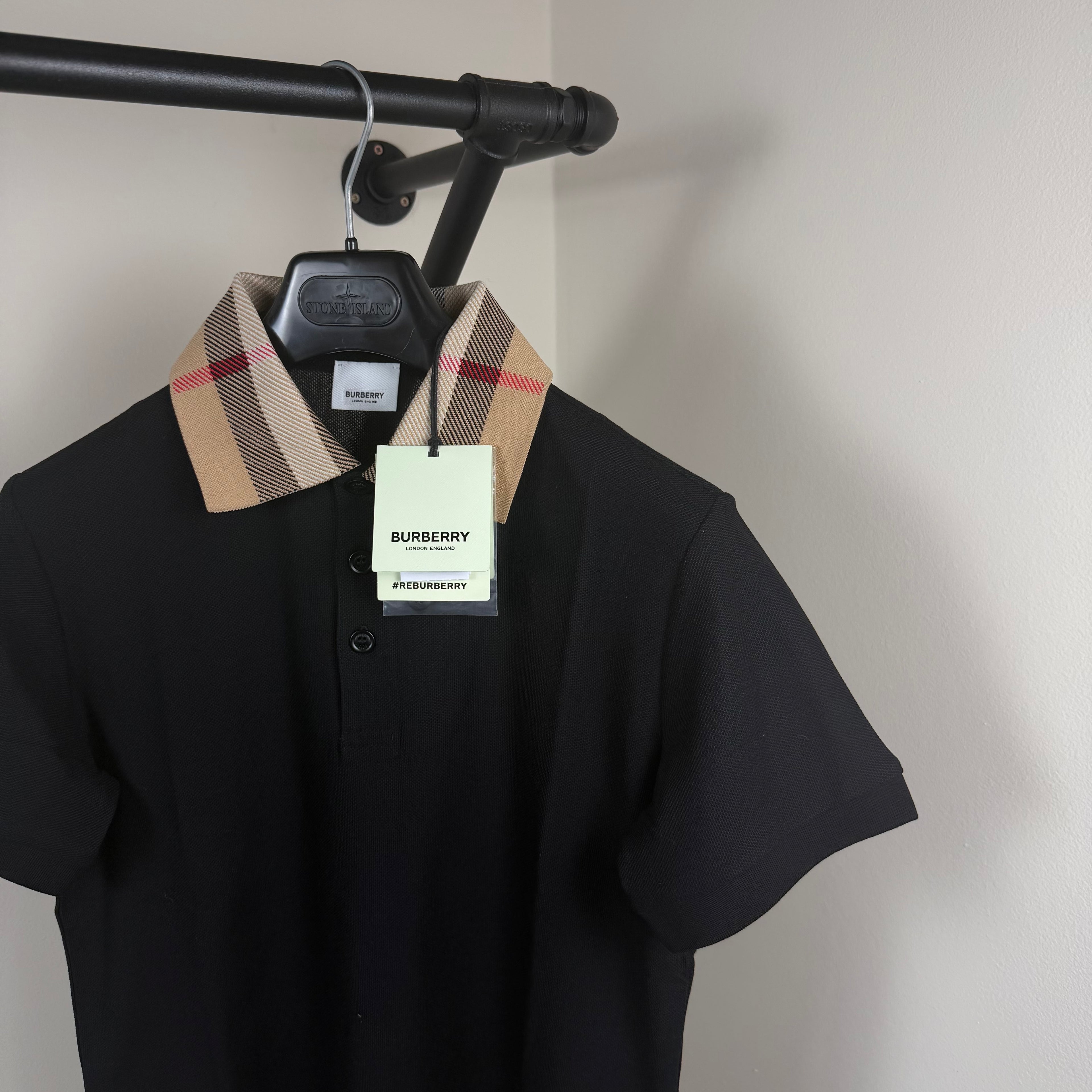 Burberry Check Collar Polo Shirt Black - Small 18’’
