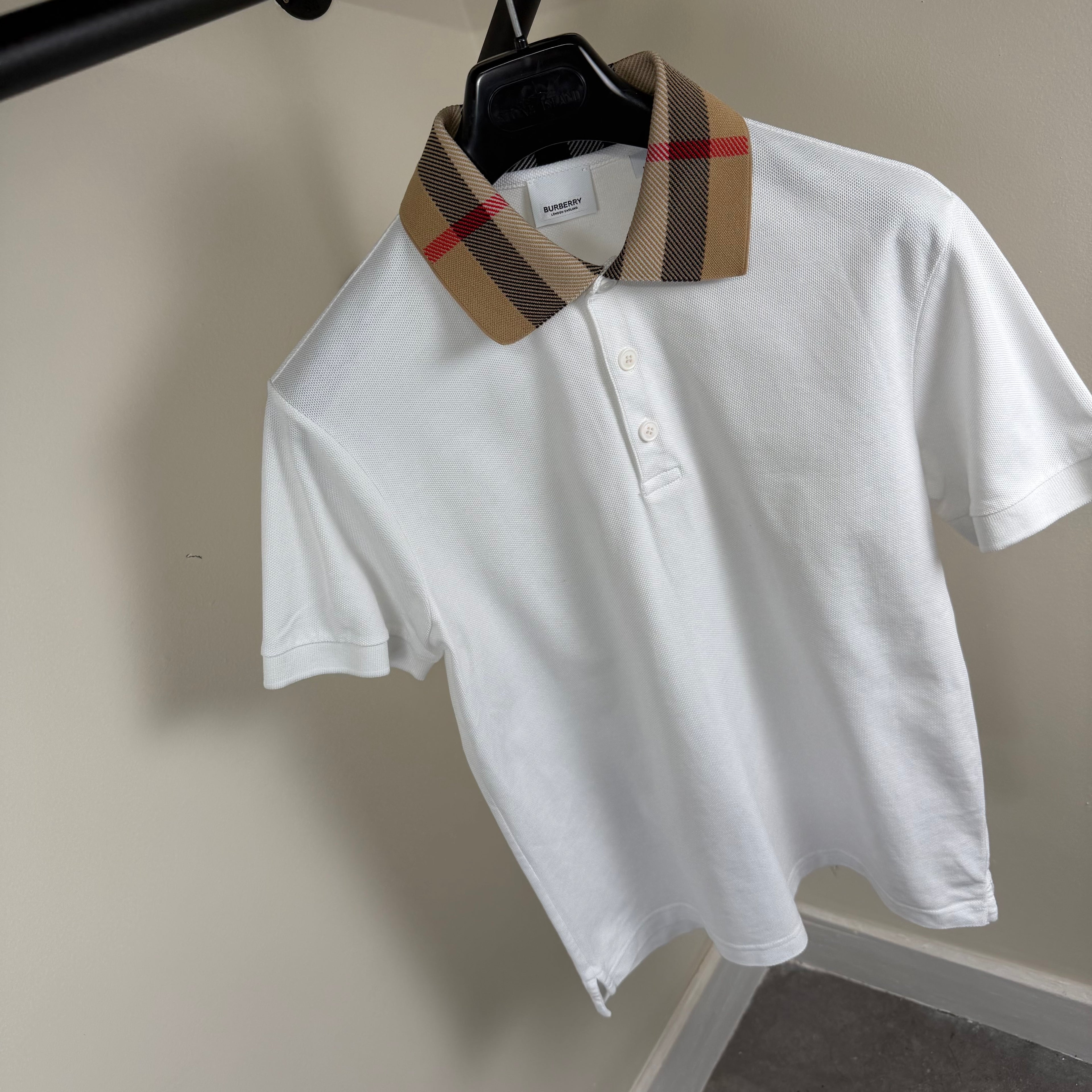 Burberry White Check Collar Polo Shirt - Medium 19.5’’