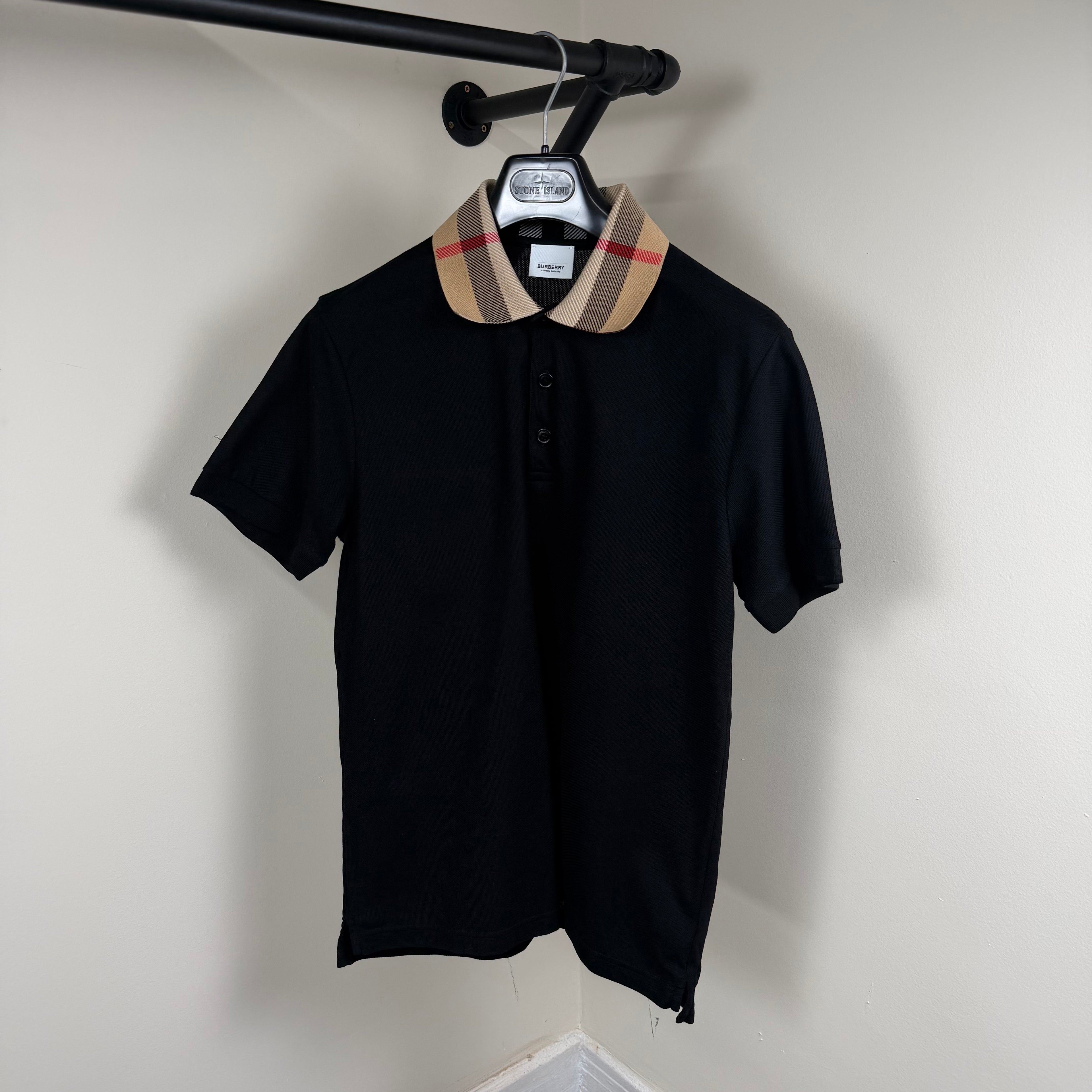 Burberry Black Check Collar Polo Shirt - Medium 19’’