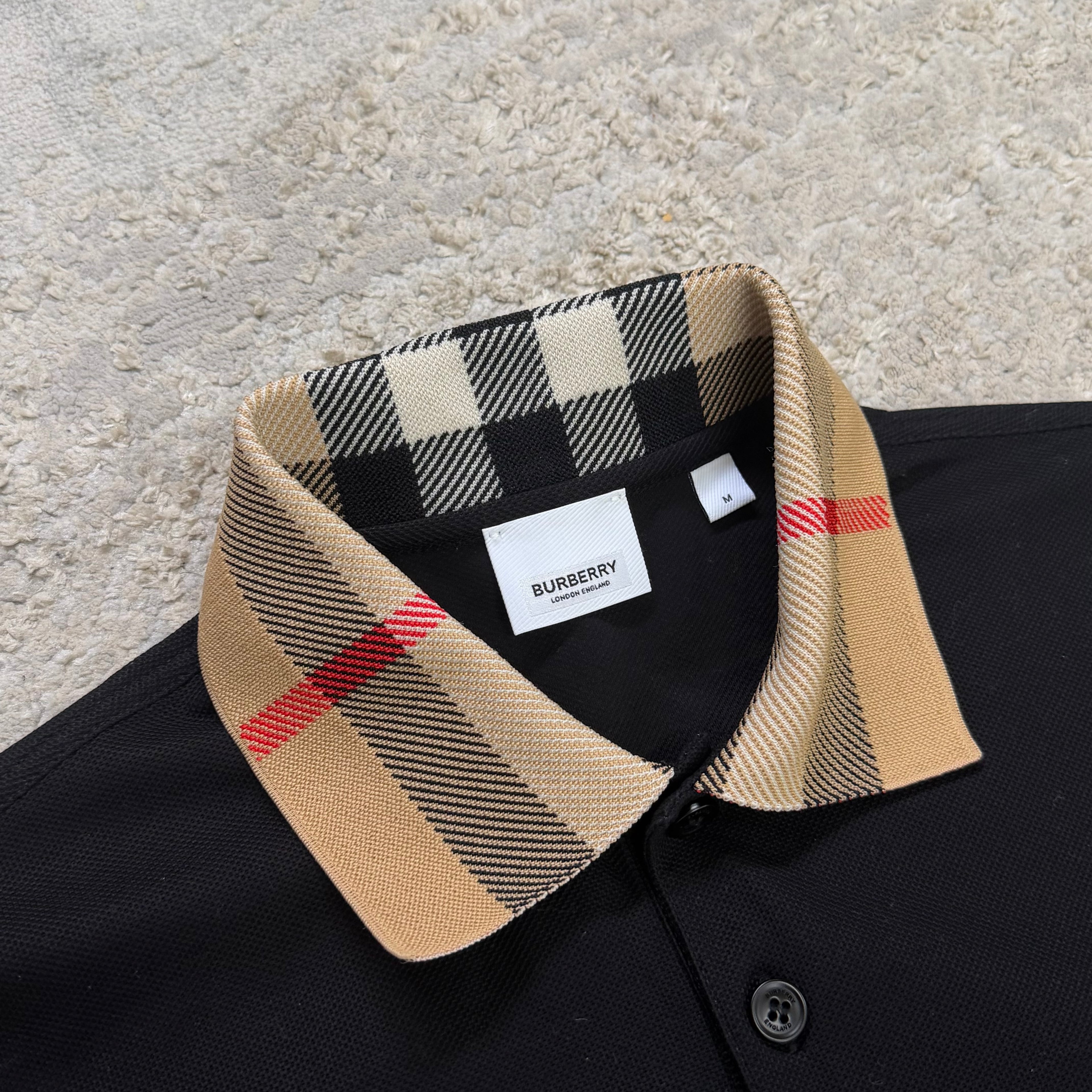 Burberry Black Check Collar Polo Shirt - Medium 19’’