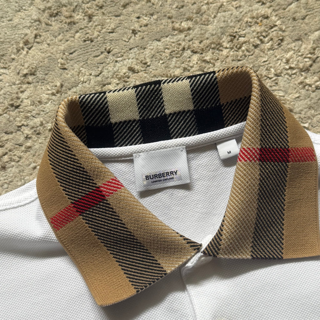 Burberry White Check Collar Polo Shirt - Medium 19.5’’