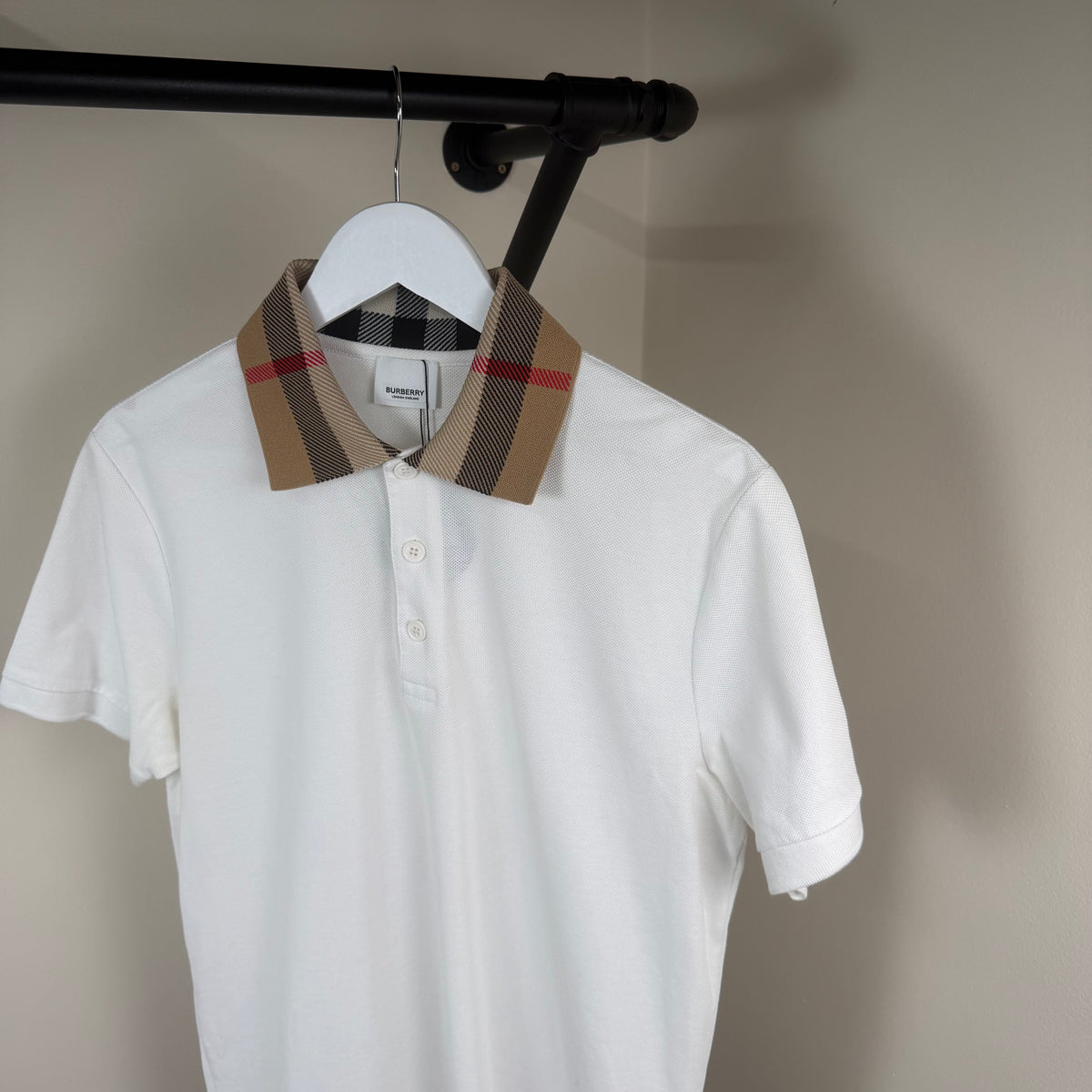 Burberry White Check Collar Polo Shirt - Medium 21’’