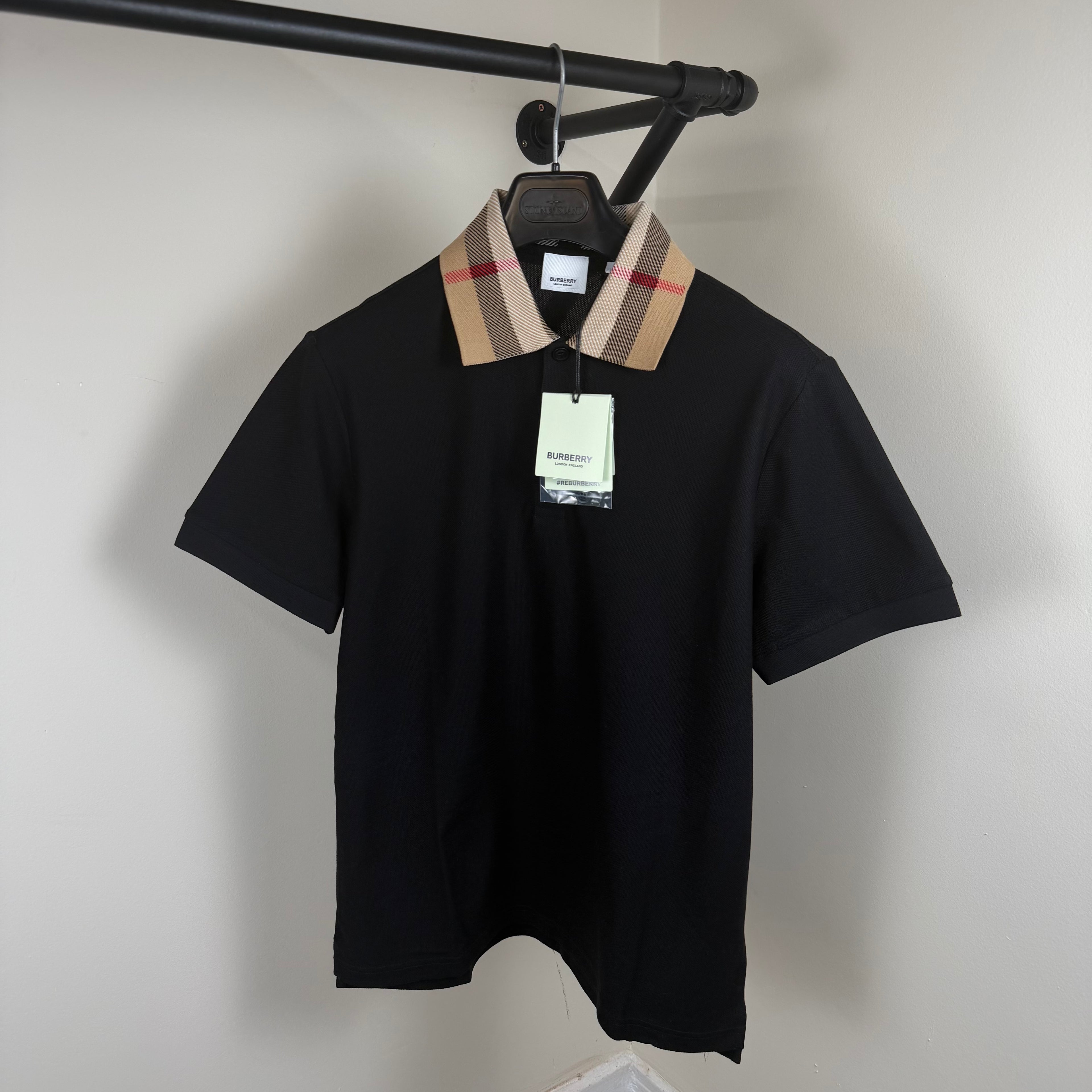 Burberry Check Collar Polo Shirt Black - Large 21’’