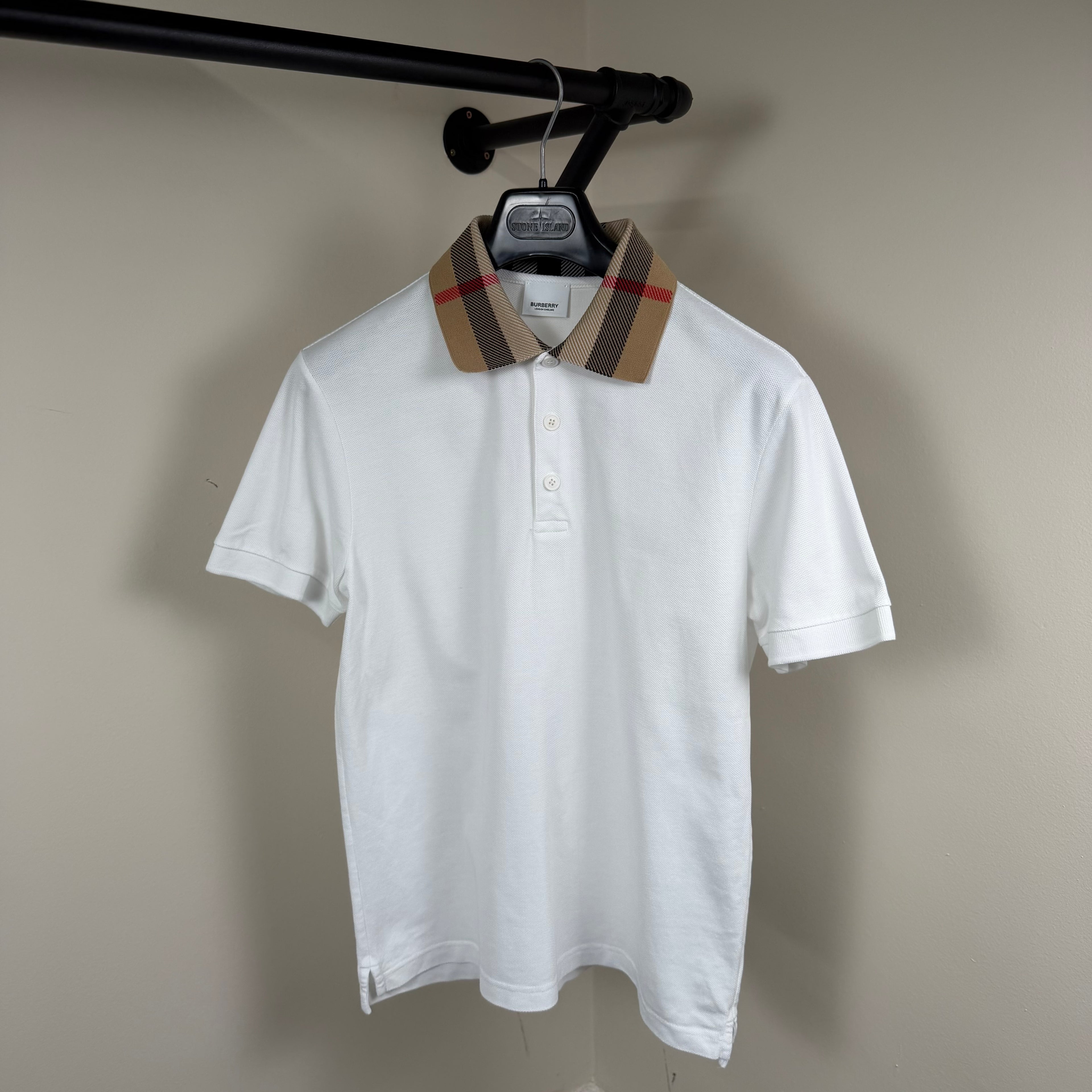 Burberry White Check Collar Polo Shirt - Medium 19.5’’
