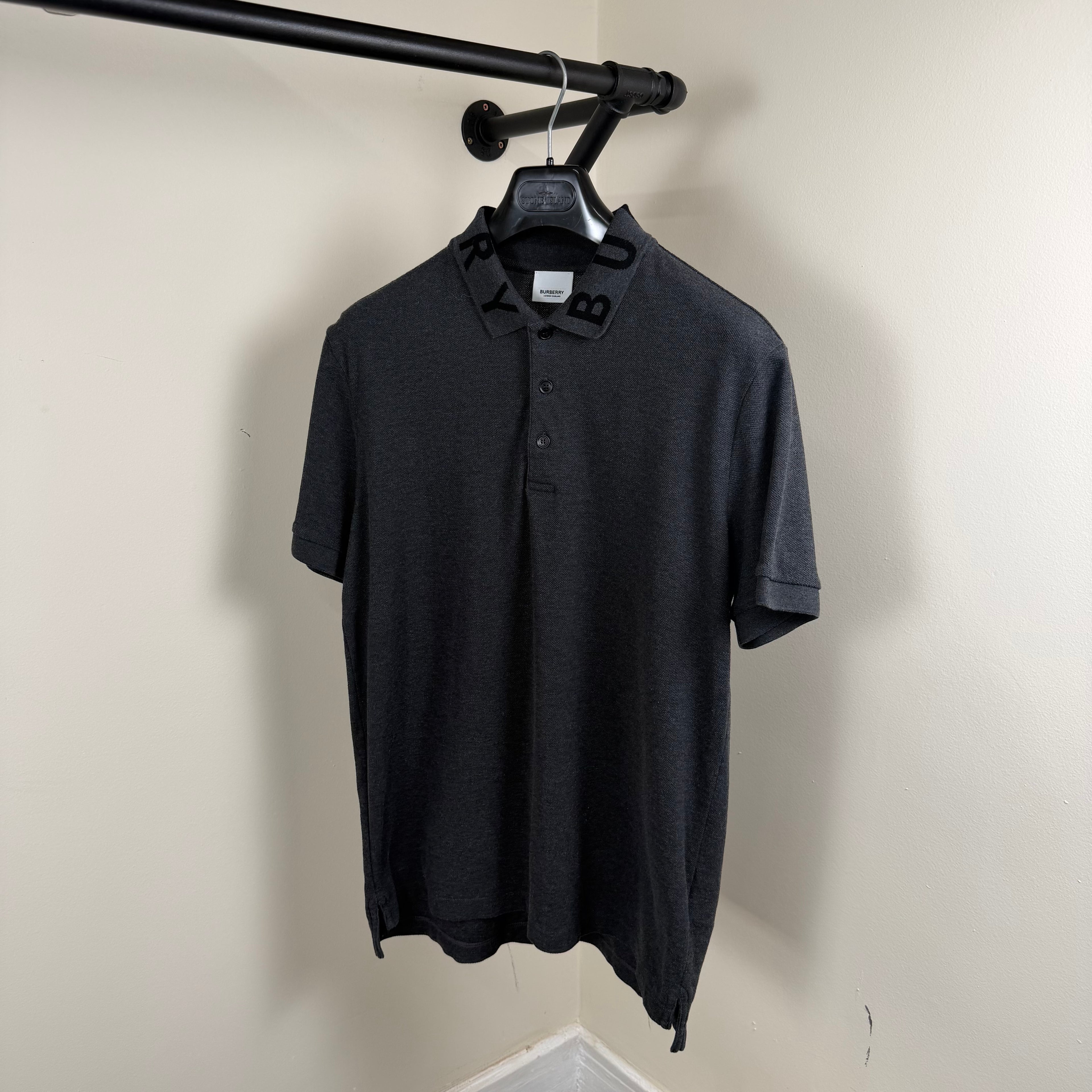Burberry Spellout Dark Grey Polo Shirt - Large 21.5’’